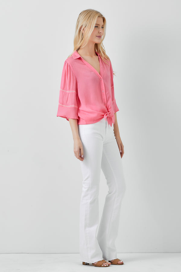 Tie Front 3/4 Sleeve Button Down Top