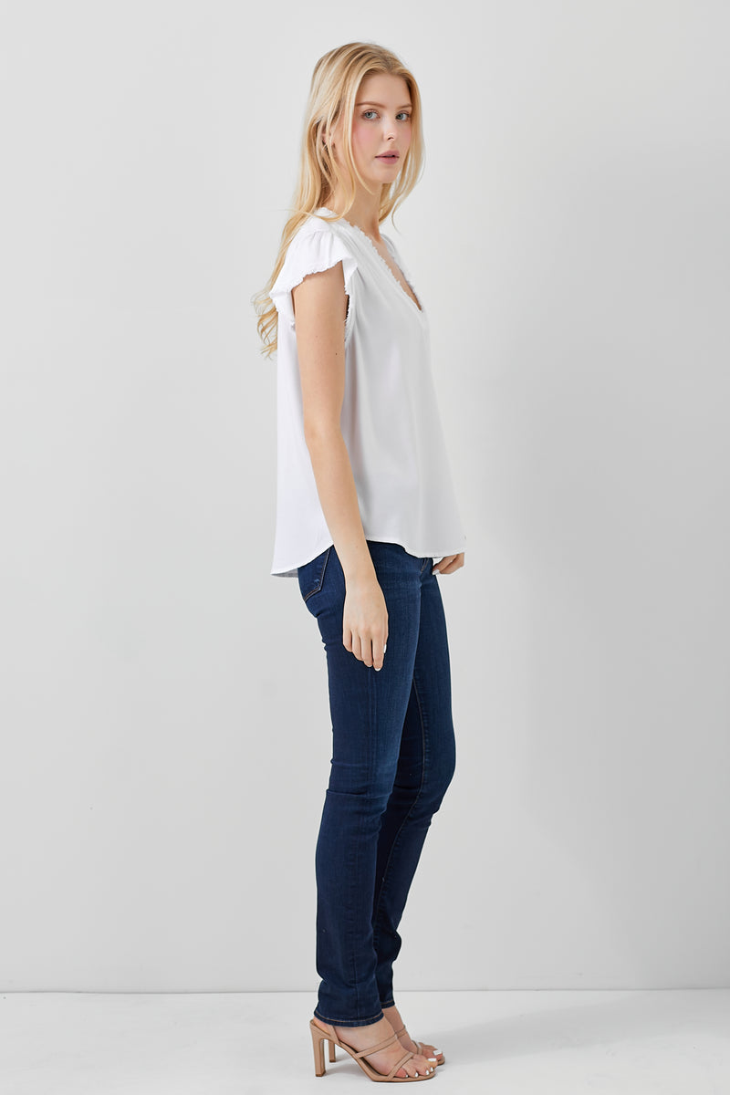 Frayed Short Sleev V Neck Top