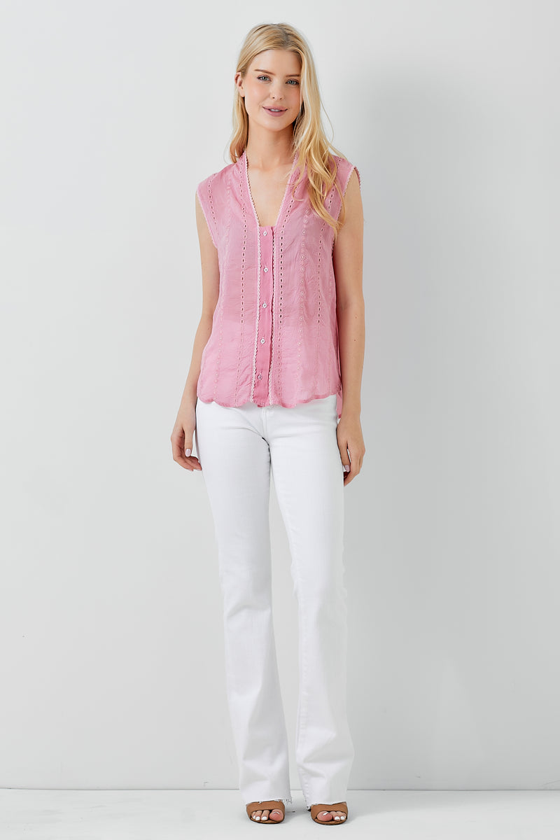 Sleeveless Embroidery Button Down Shirt