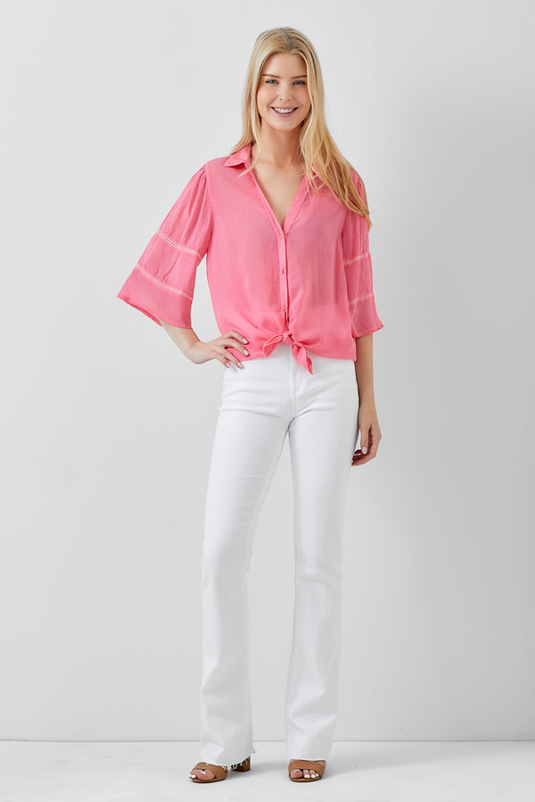 Tie Front 3/4 Sleeve Button Down Top