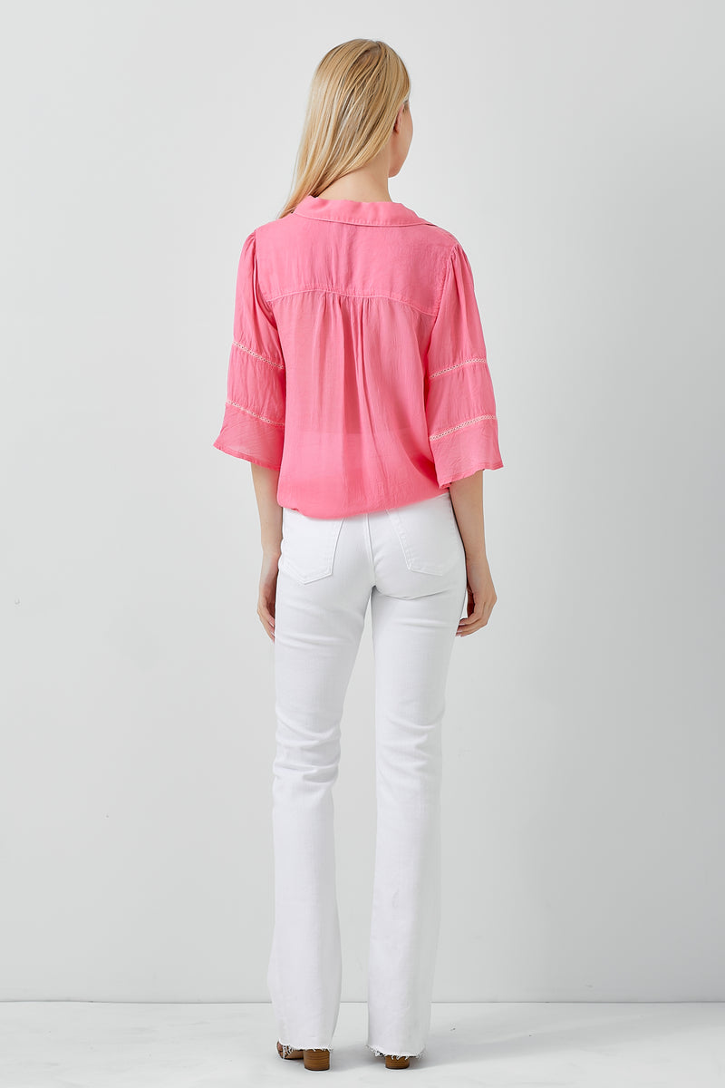 Tie Front 3/4 Sleeve Button Down Top