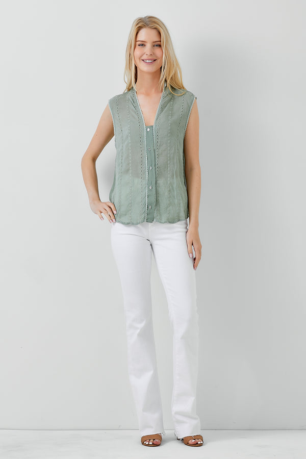 Sleeveless Embroidery Button Down Shirt