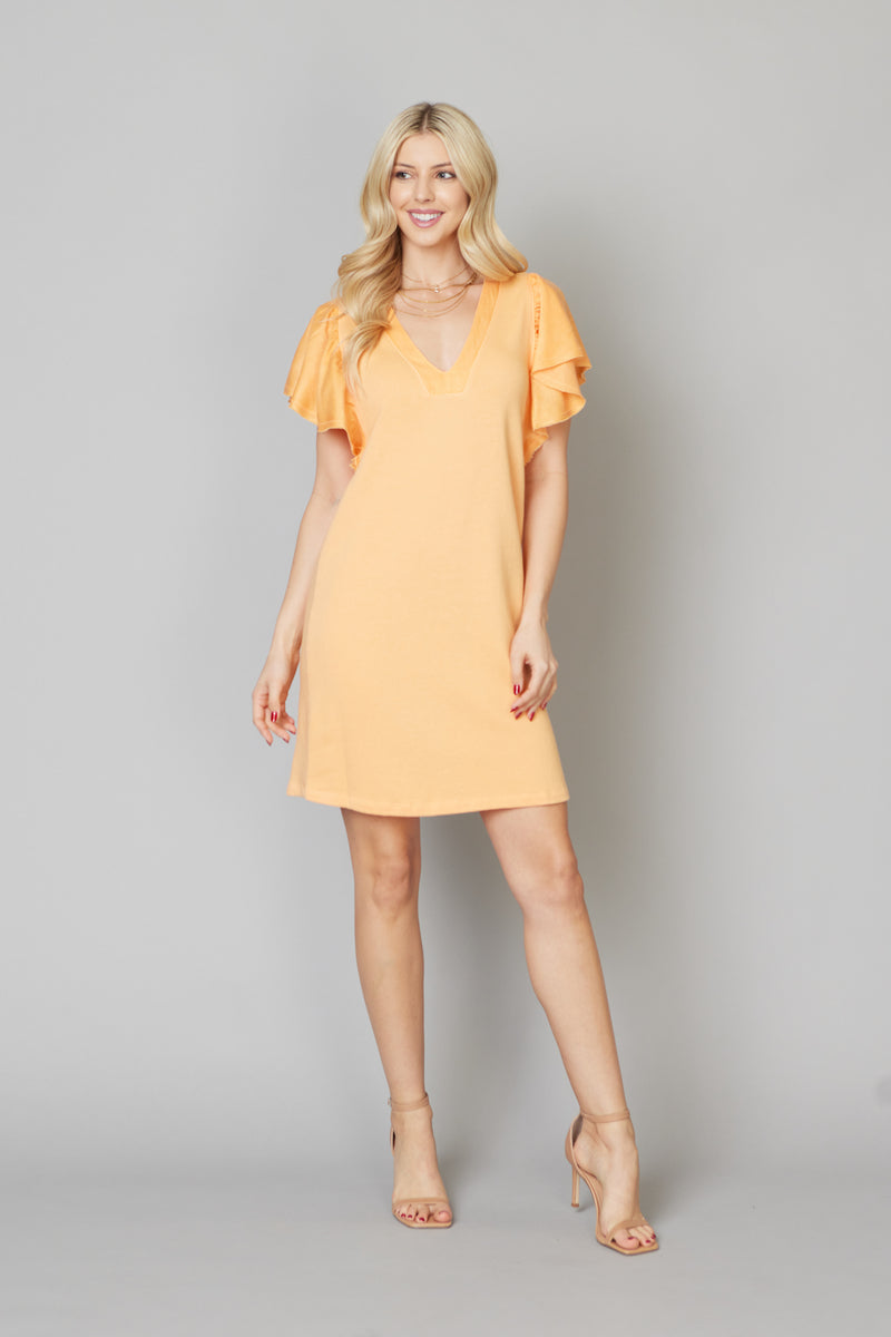 Mixed Media Flare sleeve V Neck Dress