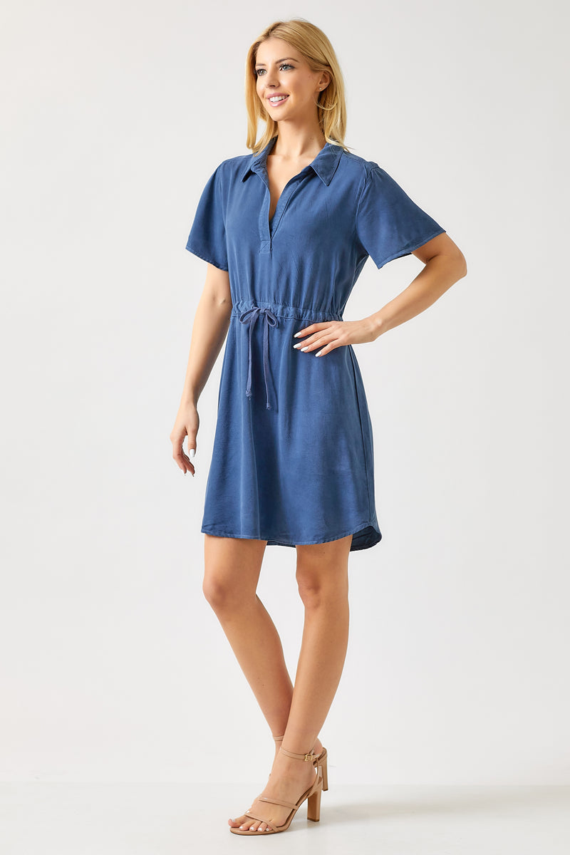short sleeve drawstring dress Drawstring Collared Neck Short Sleeve Denim Dress Dark / L