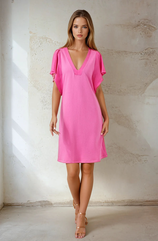 Mixed Media Flare sleeve V Neck Dress