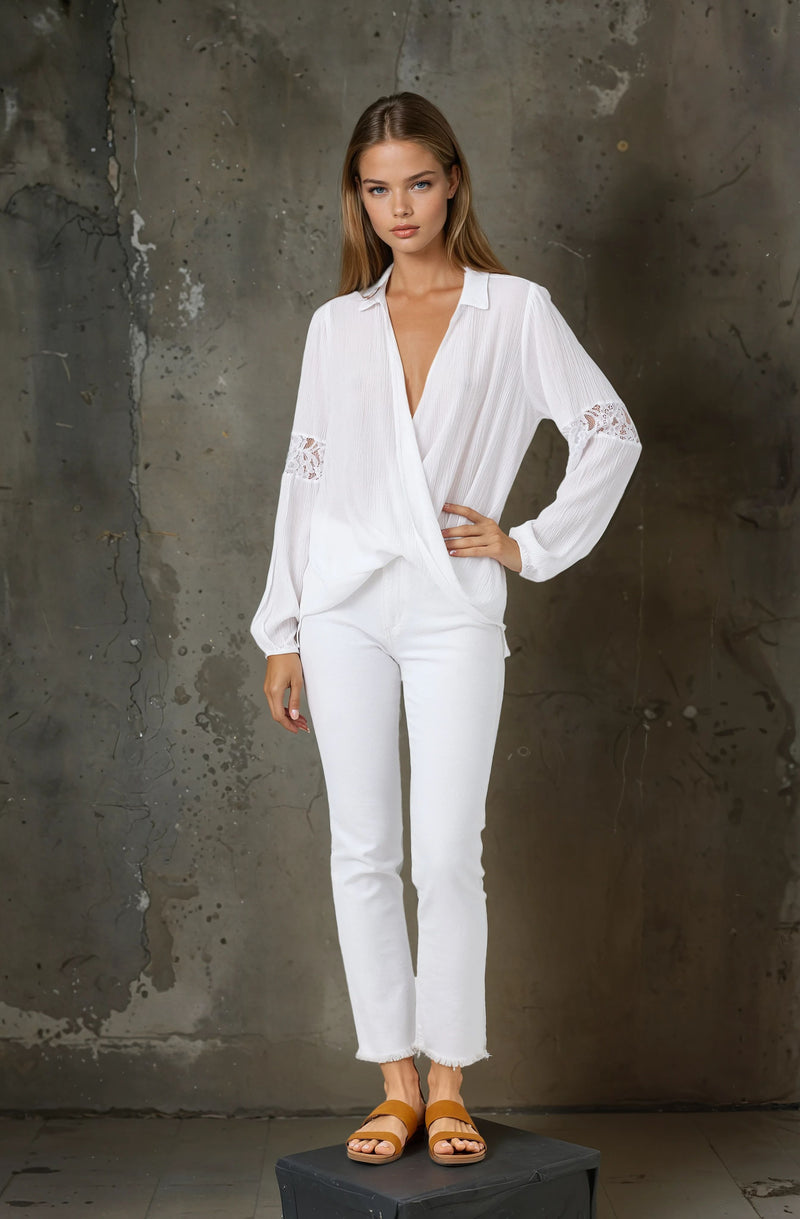 Surplice Lace Inlay Long Sleeve Top