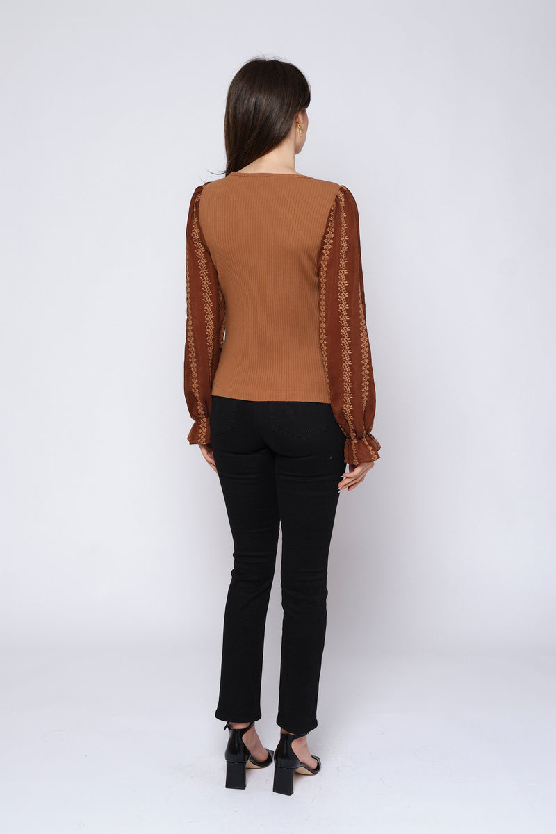 Mixed Media V Neck  Embroidery Top