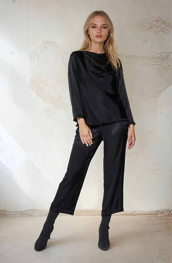 Long Sleeve Cowl Neck Fray Top