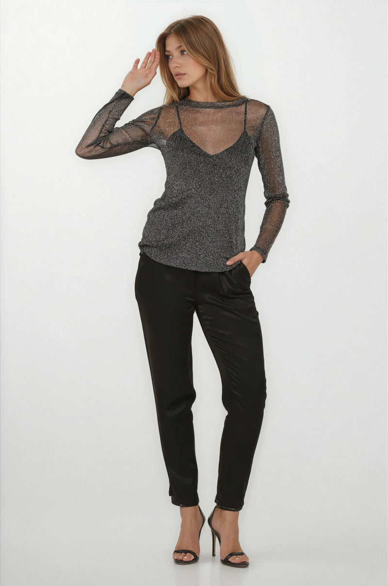 Silver Metallic Top Crew Neck Top