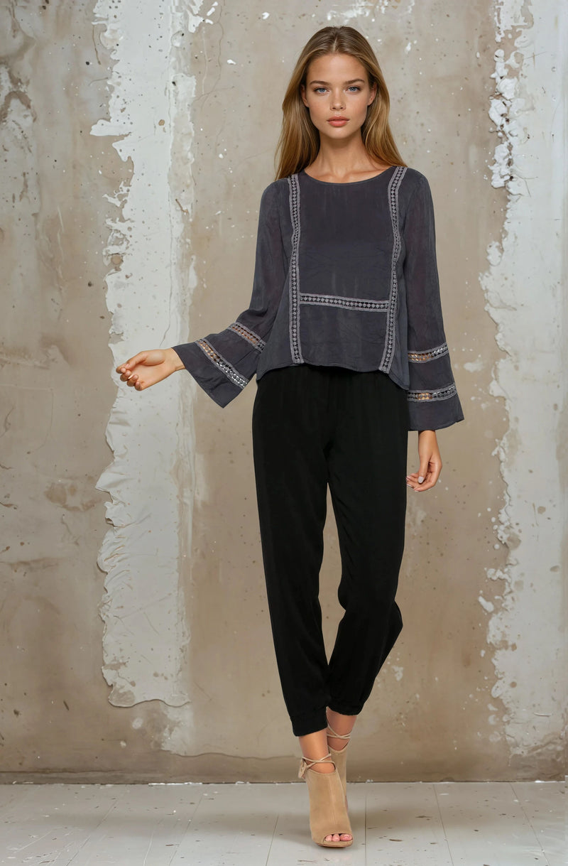 Bell Sleeve Lace Inlay Top