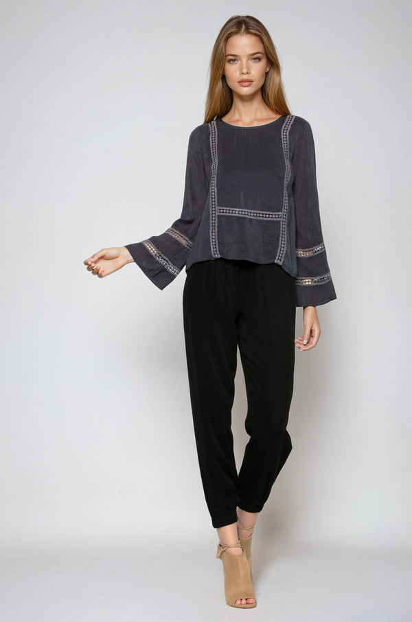 Bell Sleeve Lace Inlay Top