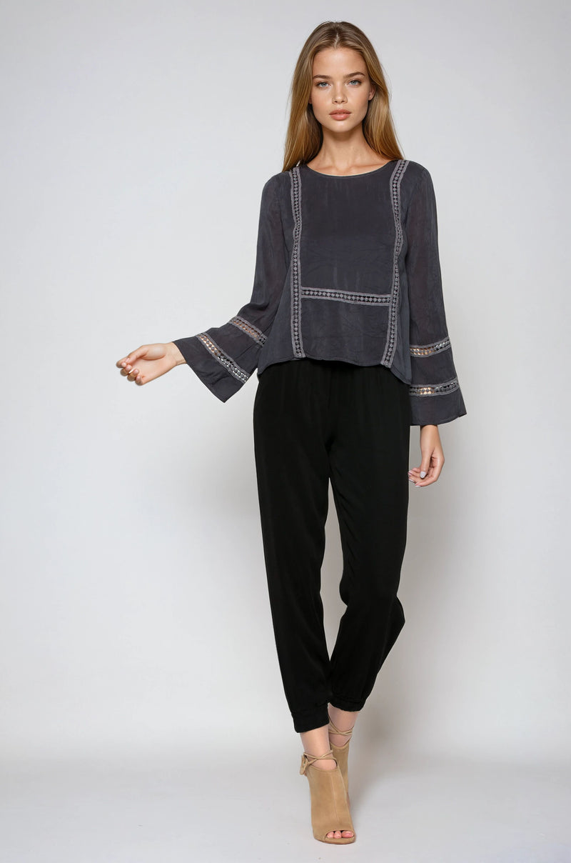 Bell Sleeve Lace Inlay Top