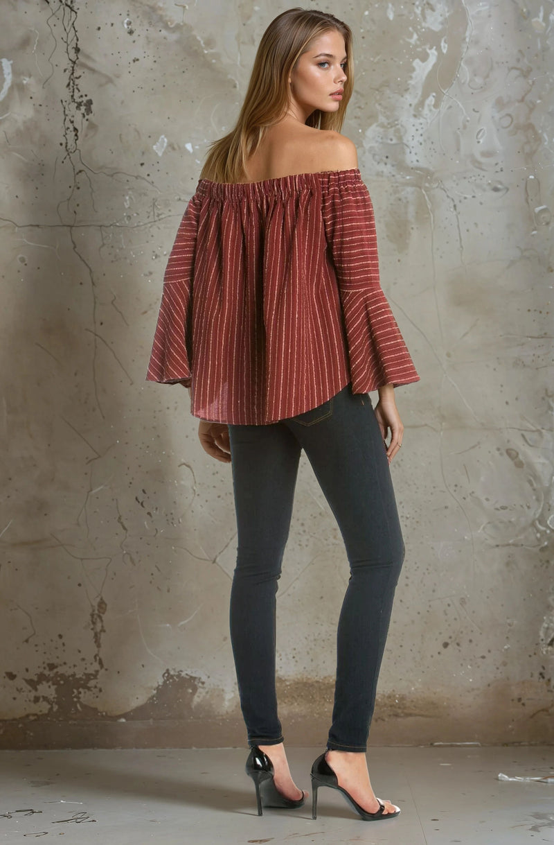 Off Shoulder Yarn Dyed Tencel  Top