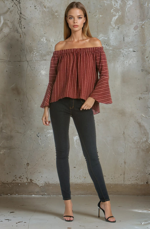 Off Shoulder Yarn Dyed Tencel  Top