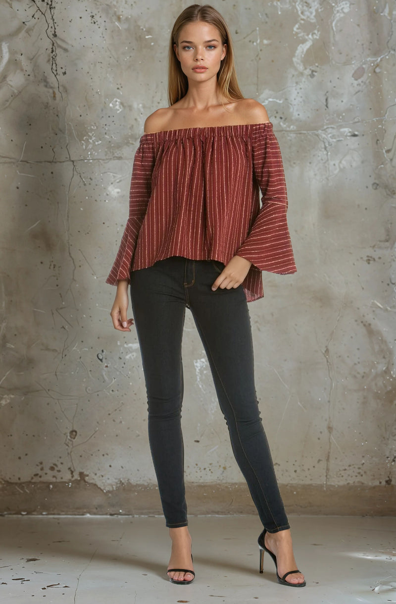 Off Shoulder Yarn Dyed Tencel  Top