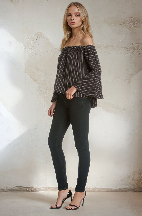 Off Shoulder Yarn Dyed Tencel  Top