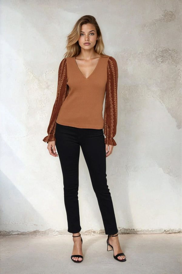 Mixed Media V Neck  Embroidery Top