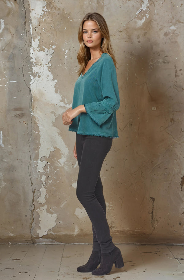 Bell Long Sleeve Fray V Neck Top