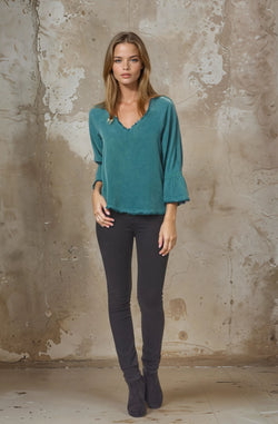 Bell Long Sleeve Fray V Neck Top