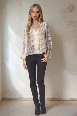 Long Sleeve Ruffle Neck Python Top