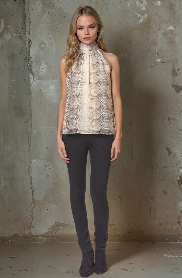 Shirred High Neck Python Top