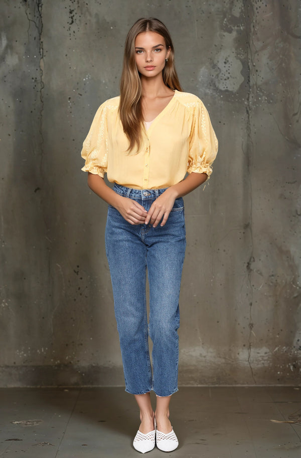 3/4  Sleeve Button Down Embroidery Top