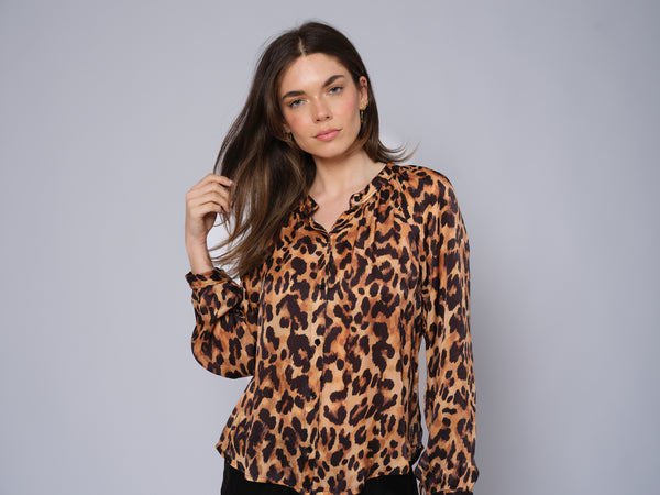 Mandrin Collar Button Down Printed Blouse
