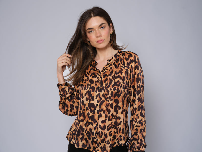 Mandrin Collar Button Down Printed Blouse