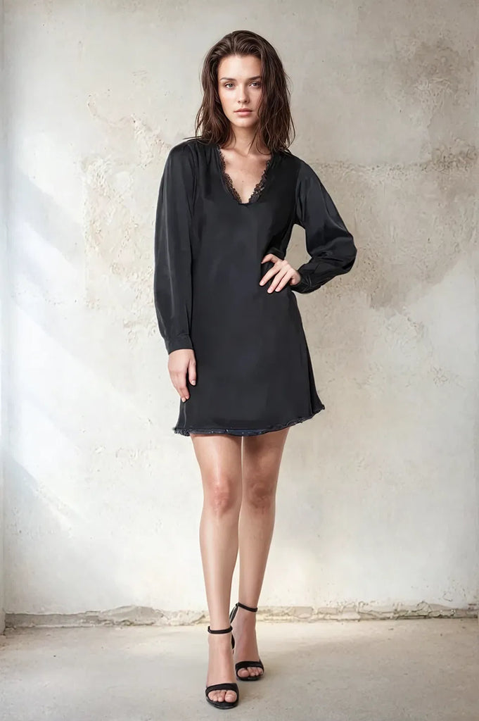 WIRROW Cupro Cotton Half Sleeve Shirt Dress (Black,Mocha) | unum