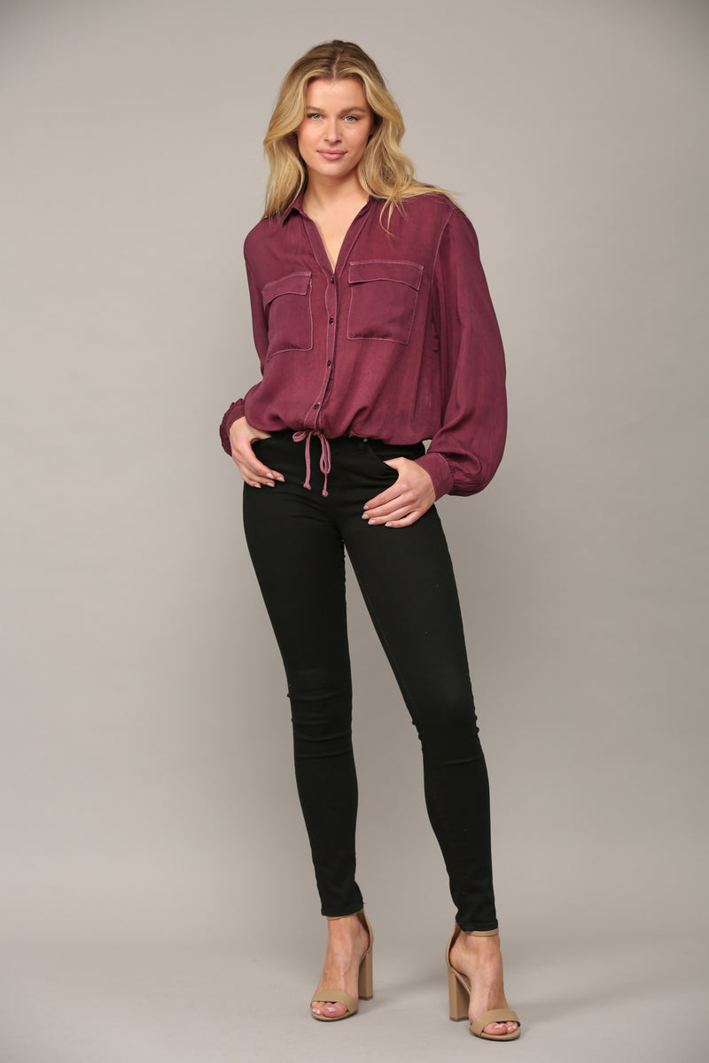 Long Sleeve Front Tie Button Down Top