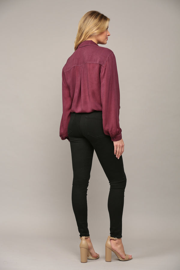 Long Sleeve Front Tie Button Down Top