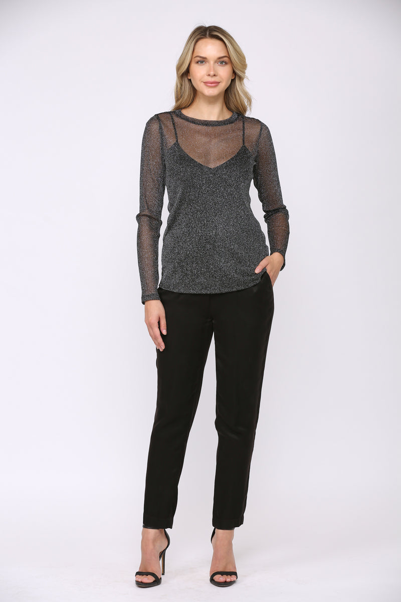 Silver Metallic Top Crew Neck Top