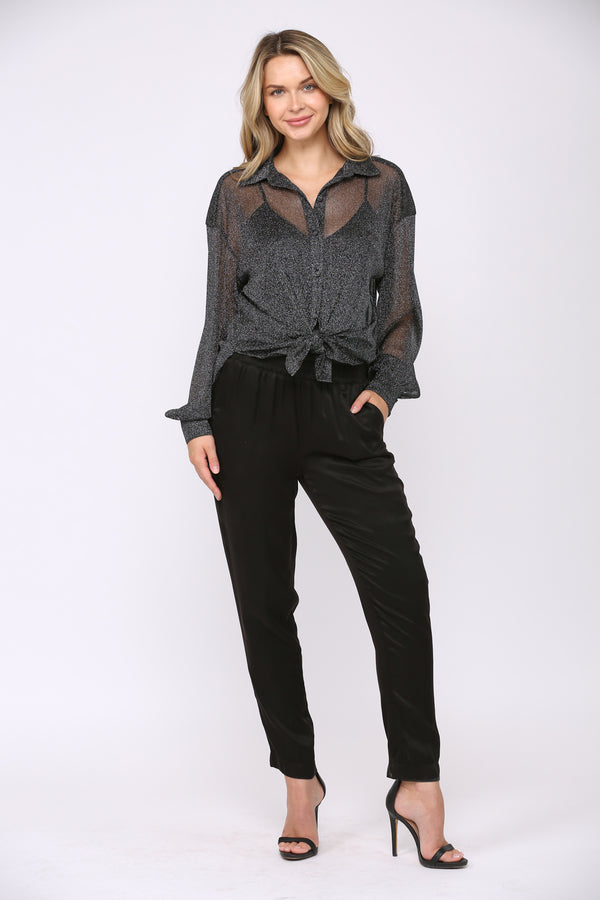 Silver Metallic Button Down ,Tie Front Blouse