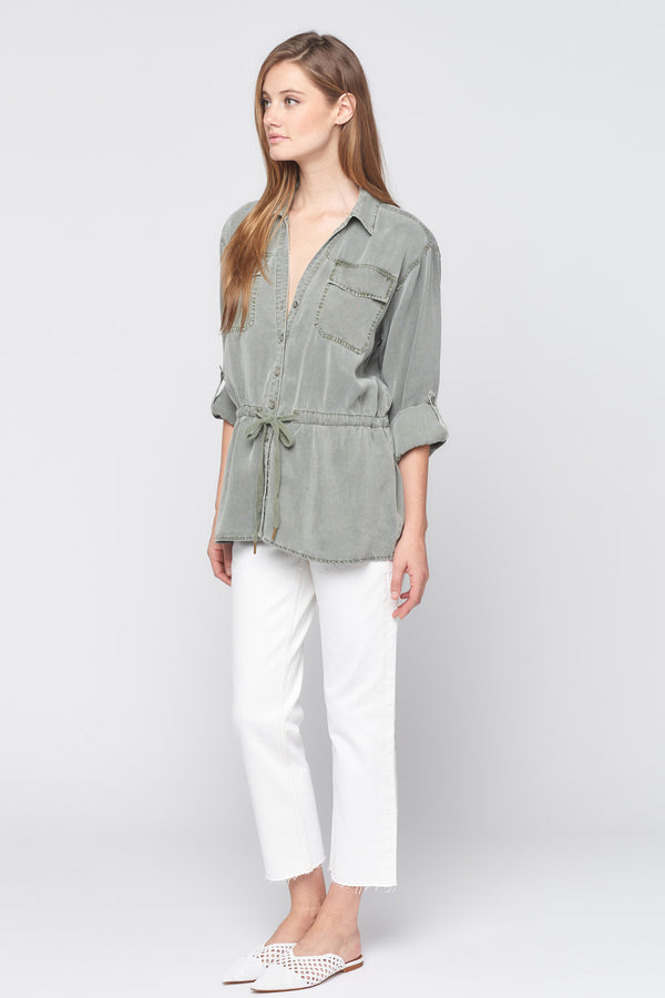 Long Sleeve Drawstring Button Down Shirt