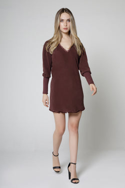 Long Sleeve Fray V Neck Dress