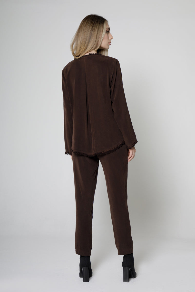 Long Sleeve Fray V Neck Top
