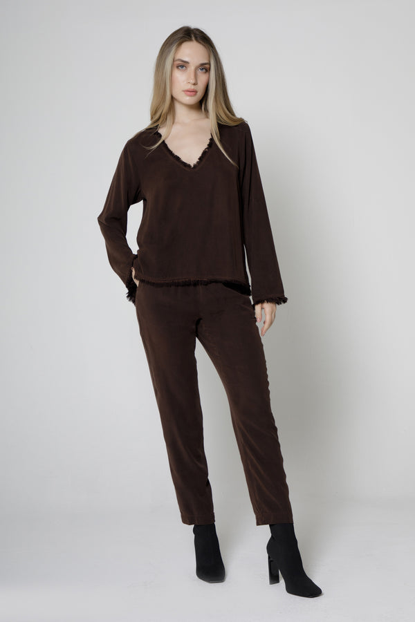 Long Sleeve Fray V Neck Top