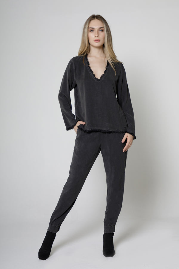 Long Sleeve Fray V Neck Top