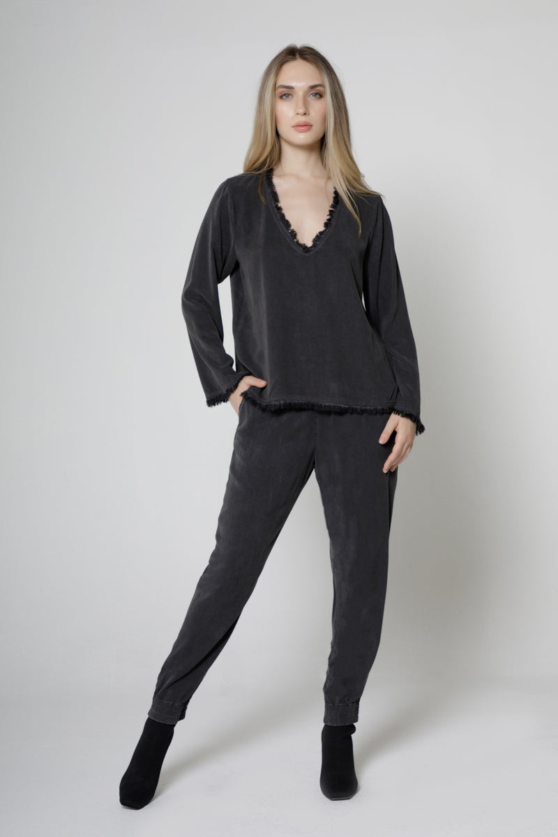 Long Sleeve Fray V Neck Top