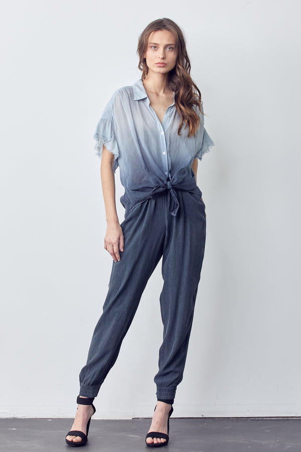 Raw Edge Short Sleeve Button Down Shirt