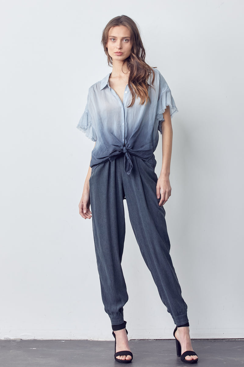 Raw Edge Short Sleeve Button Down Shirt