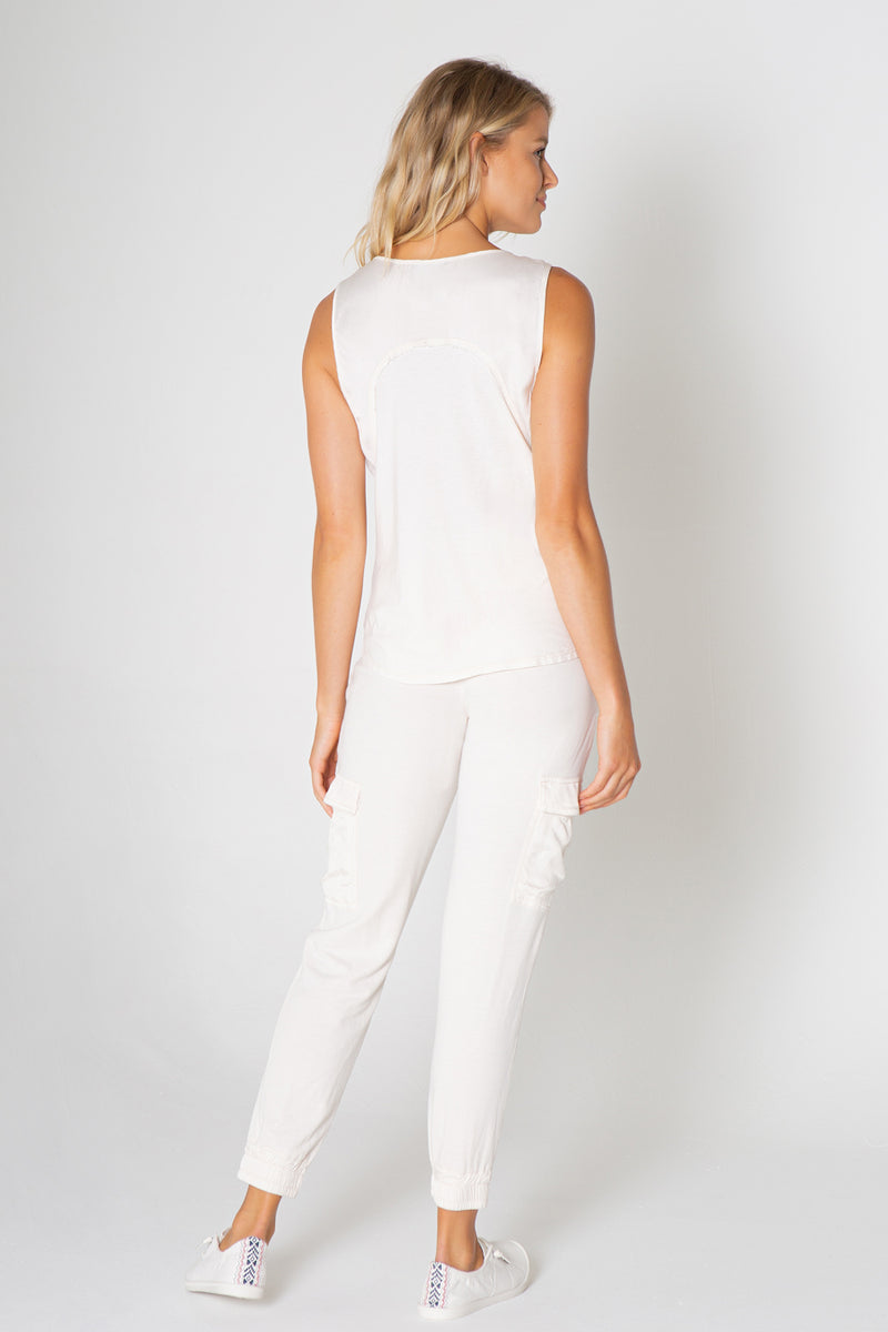 Silky Wash Satin Trim Fray Tank  Top