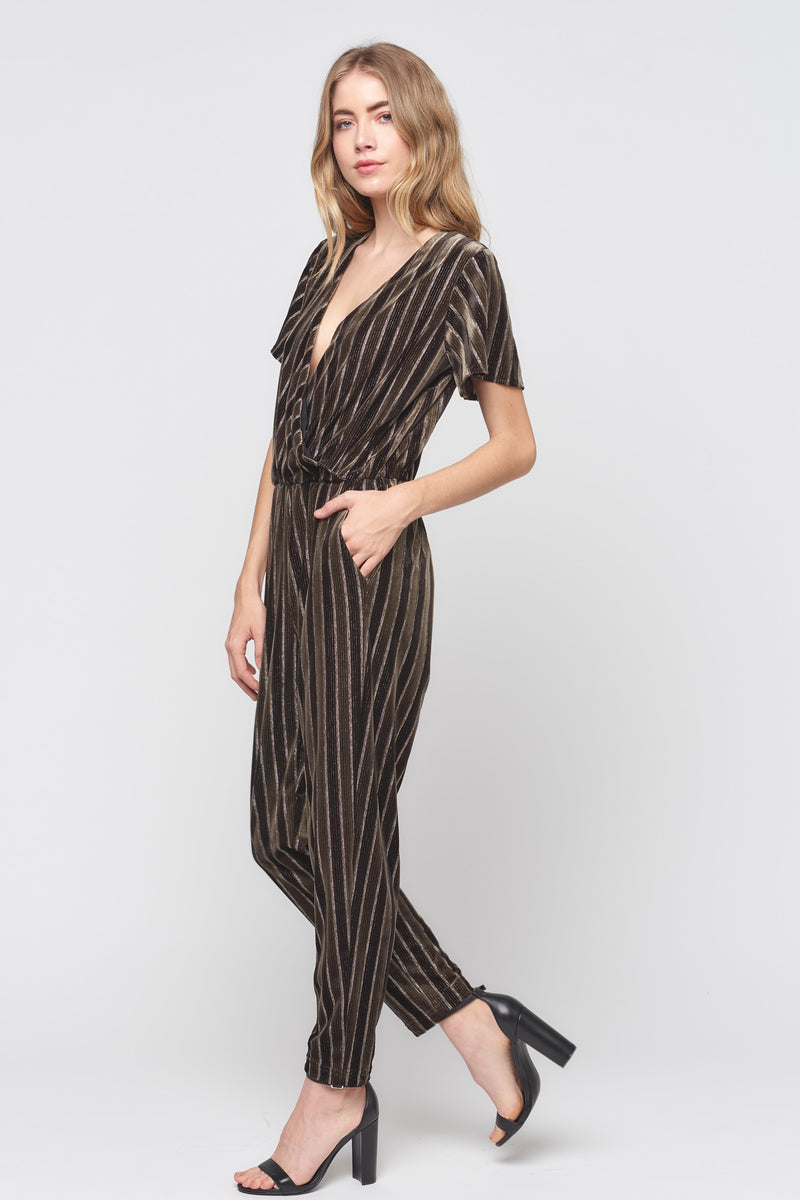 Wrap Front Velvet Stripe Jumpsuit