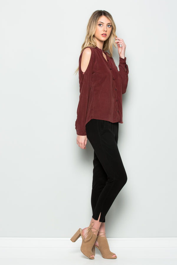 Mandarin Collar Cold Shoulder Top