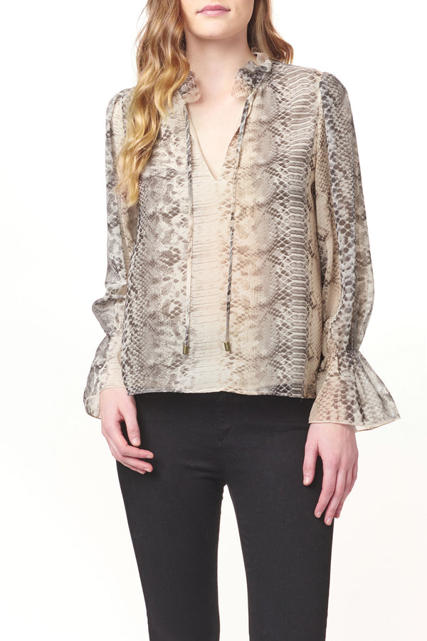 Long Sleeve Ruffle Neck Python Top