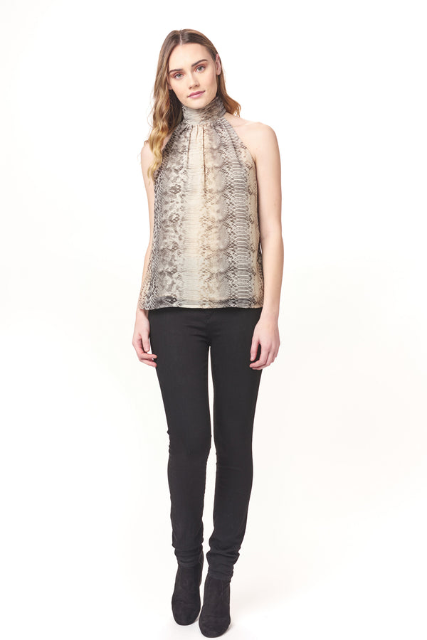 Shirred High Neck Python Top
