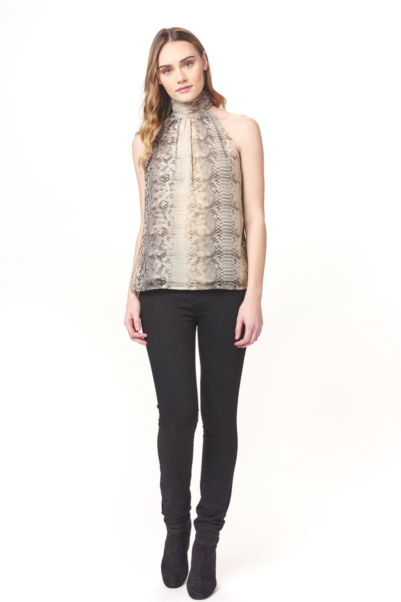 Shirred High Neck Python Top