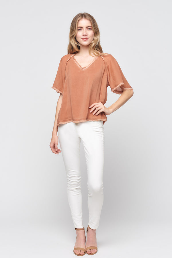 Short Sleeve V-neck Fray Top