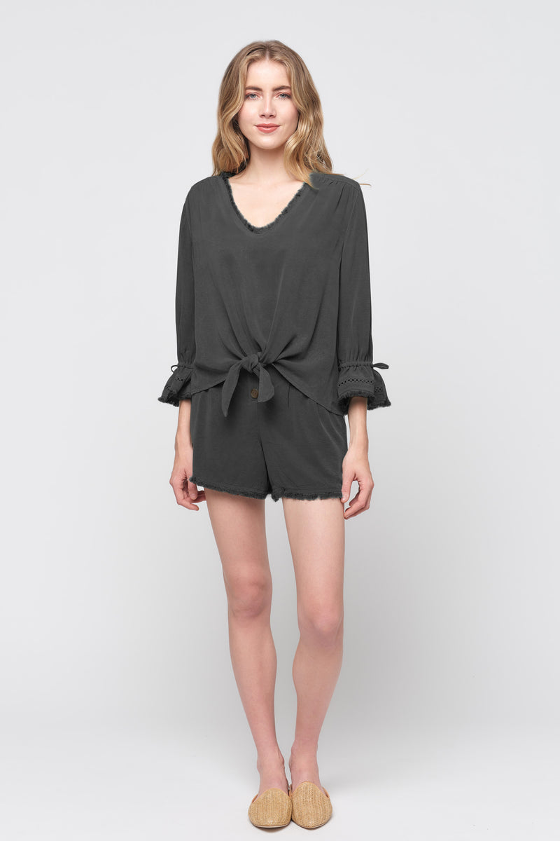 3/4 Ruffle Sleeve Tie Front Fray Top