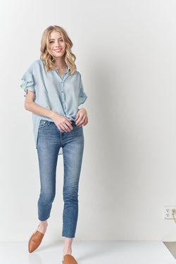 Raw Edge Short Sleeve Ruffle Top